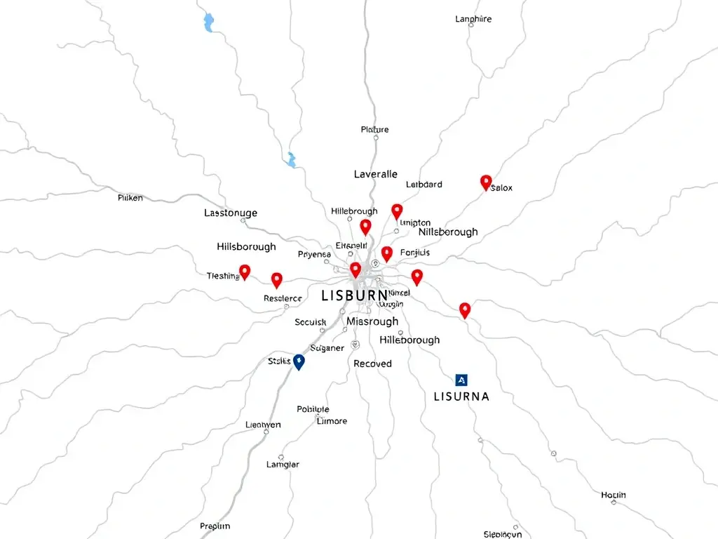 A photograph of a map highlighting the greater Lisburn area, focusing on the areas serviced by the company, such as Lisburn, Hillsborough, and Moira. The map should have clear markers indicating each location.