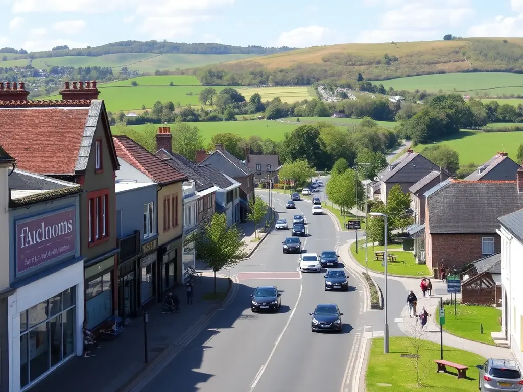A vibrant photo of Moira, capturing its bustling main street and the scenic Moira Demesne. The image should reflect the town's lively atmosphere and natural beauty.