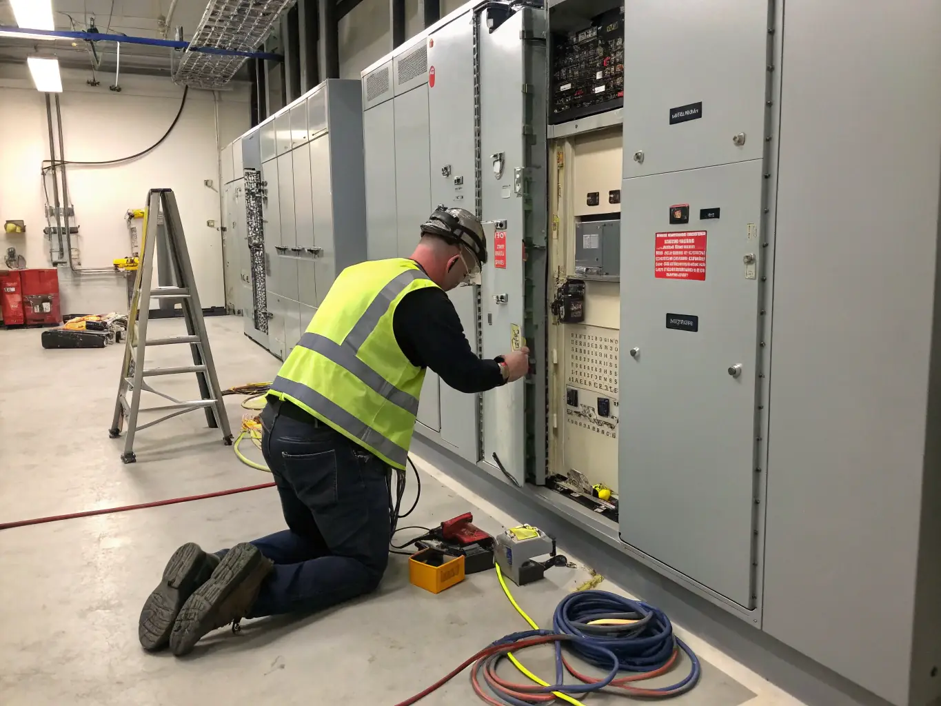 An electrician performing a routine electrical inspection in a commercial building, using specialized equipment to check for potential issues.