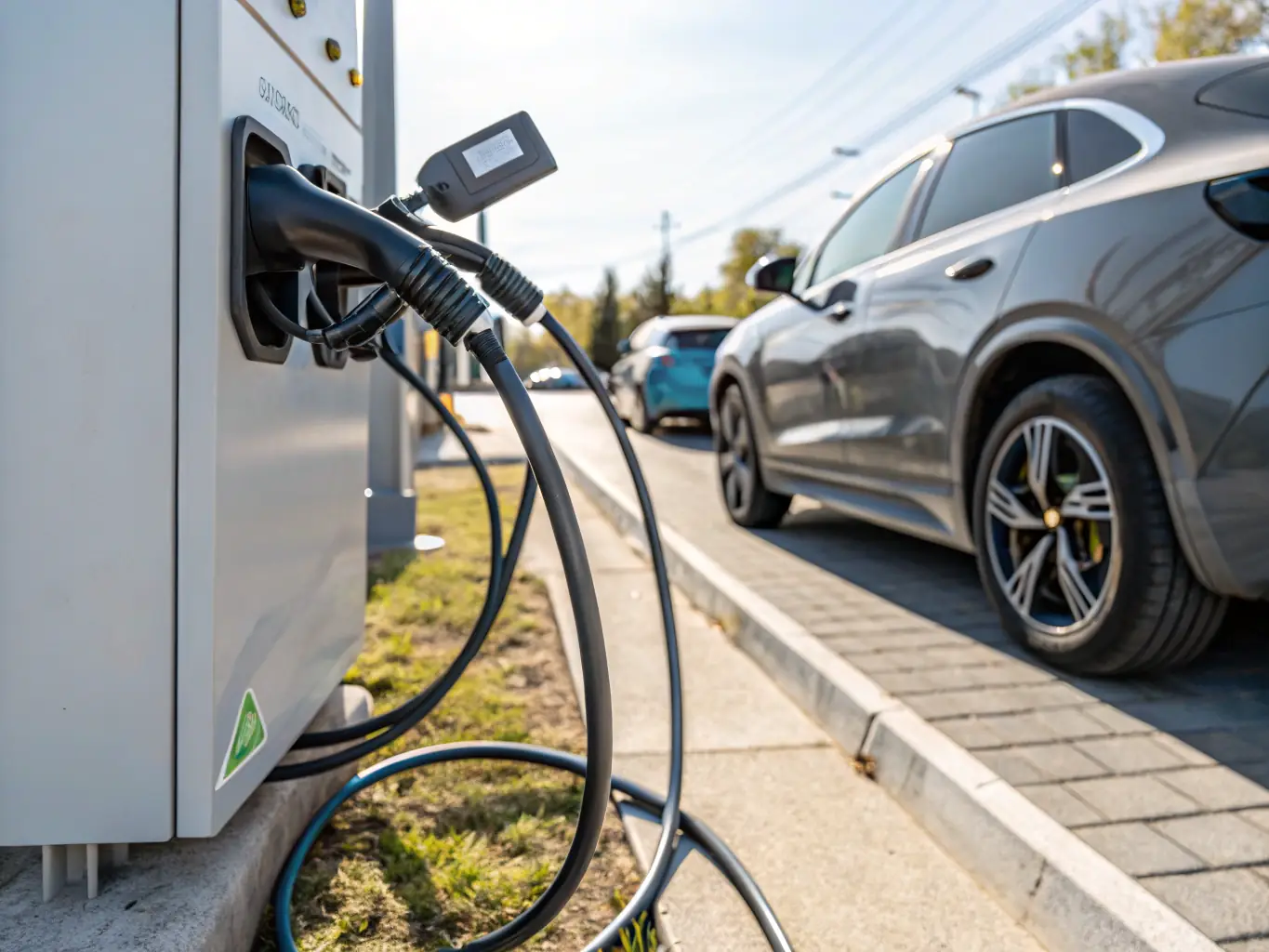 A detailed image showcasing the safety features of an EV charging station, including surge protection, overcurrent protection, and proper grounding, emphasizing the importance of safety in EV charging installations.