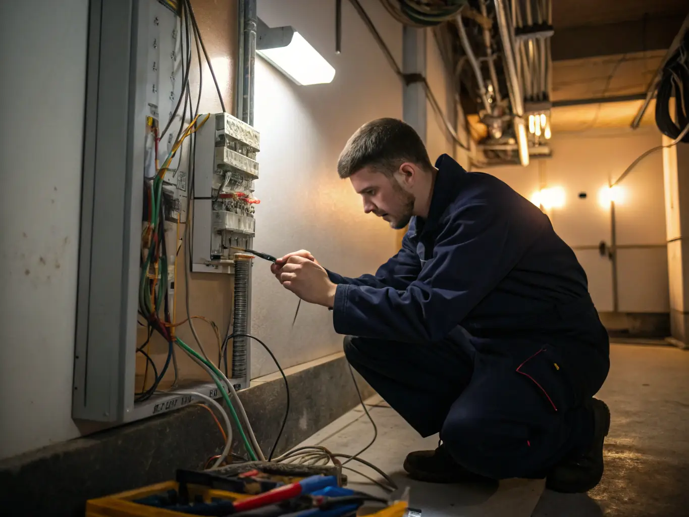 An electrician troubleshooting and repairing electrical equipment in a commercial setting, highlighting quick and efficient repair services.