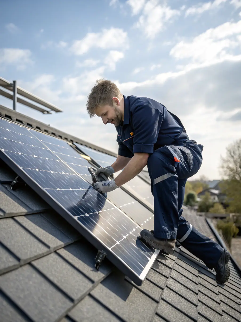 A solar panel installation on a residential rooftop, showcasing sustainable energy solutions and eco-friendly practices.