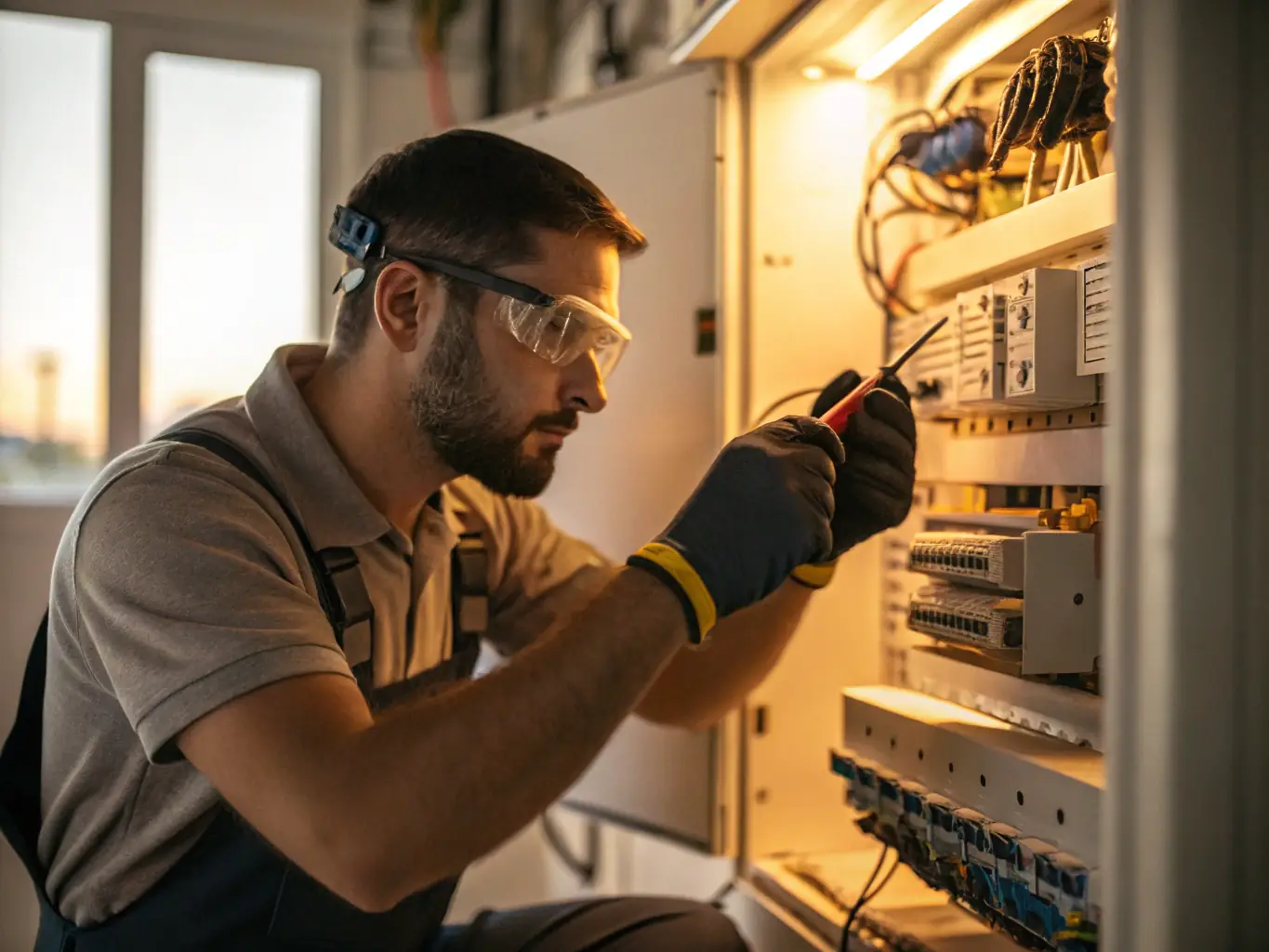 A high-resolution image depicting an electrician repairing a faulty electrical panel in a residential setting, emphasizing safety and precision.