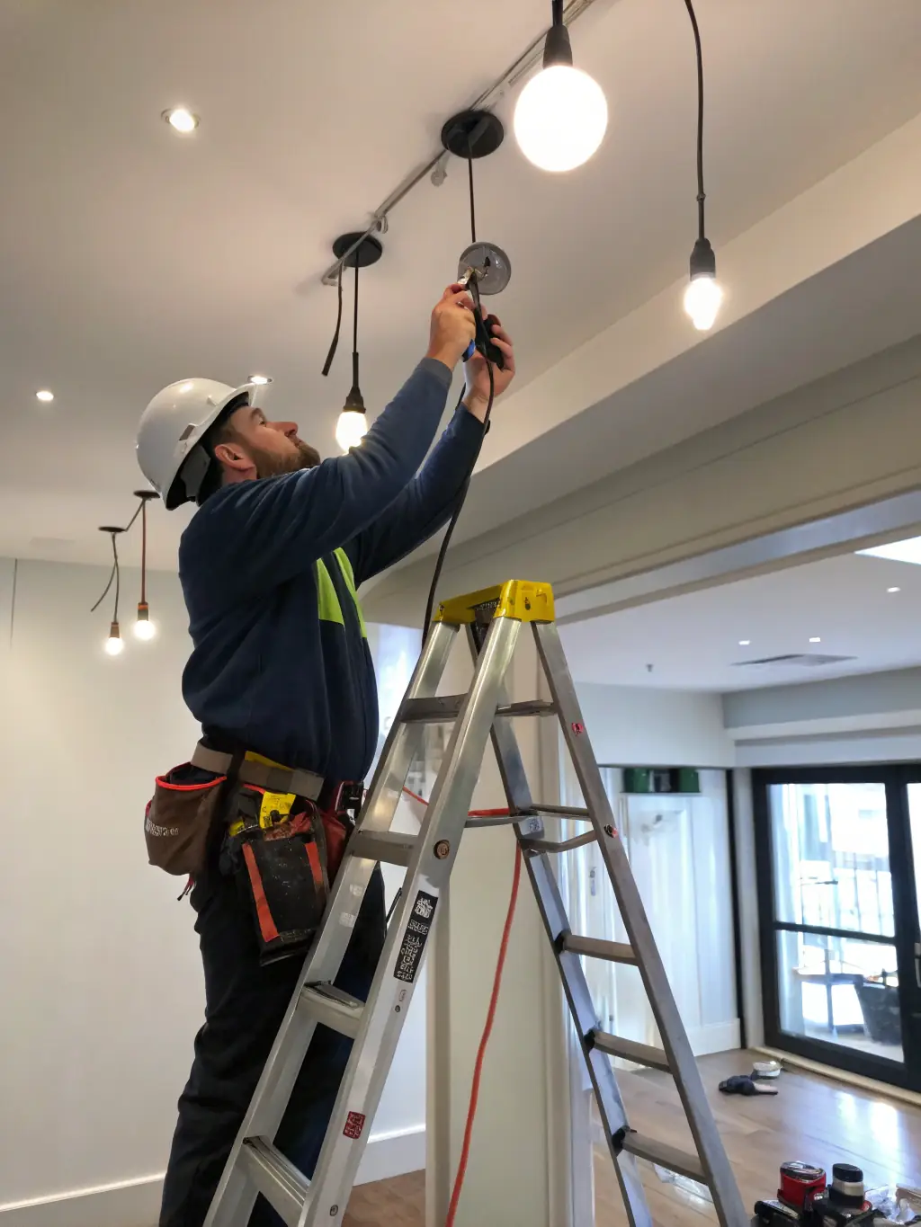 An electrician repairing a faulty electrical panel in a commercial building, using safety equipment and diagnostic tools.