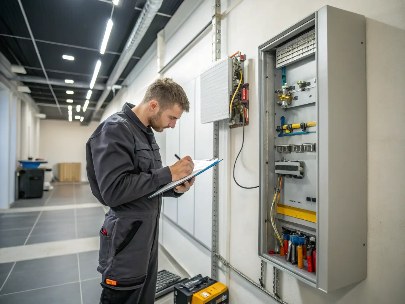 An electrician performing routine maintenance on electrical panels in a commercial building, ensuring safety and optimal performance.