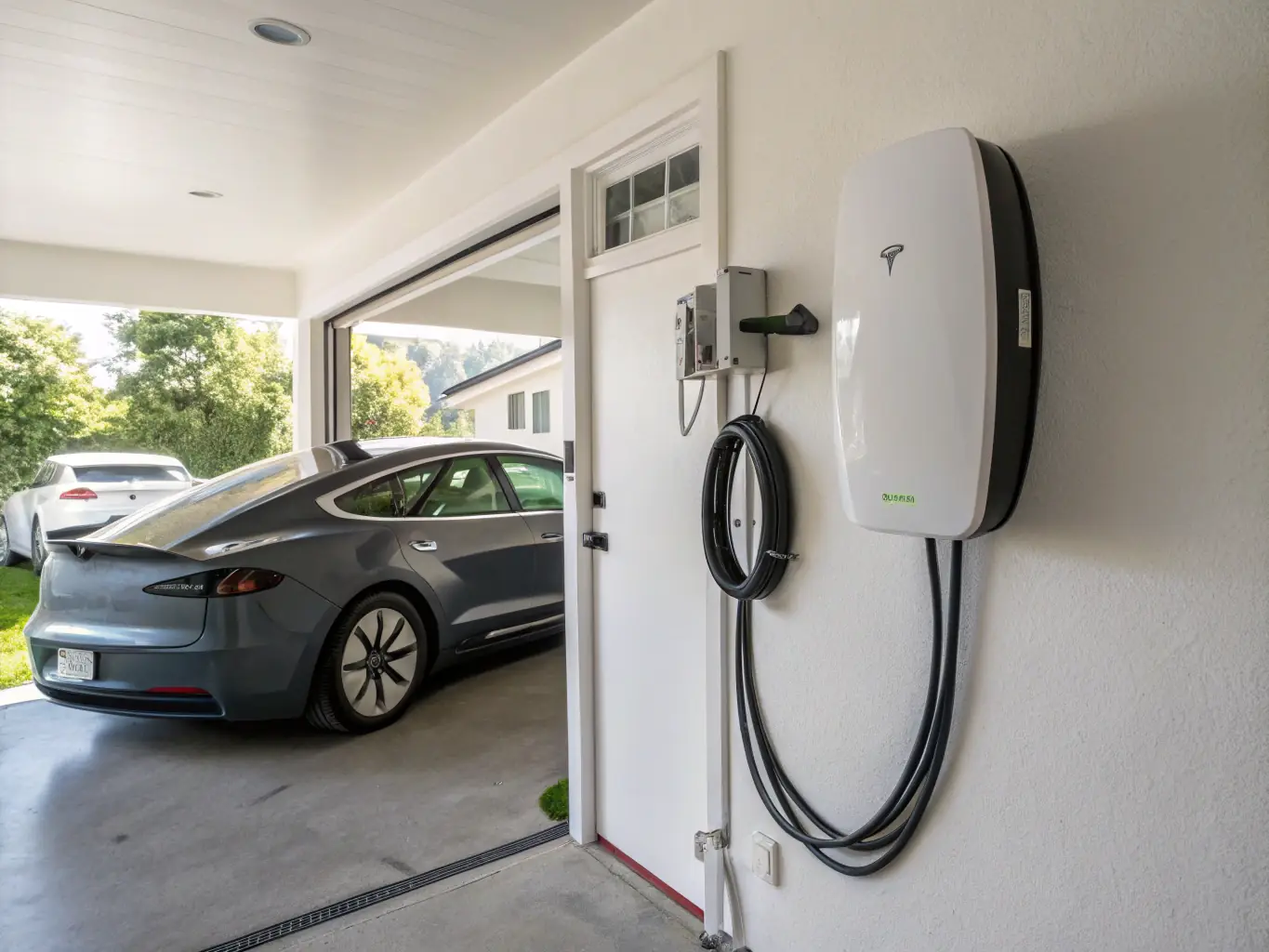 A high-resolution image depicting a Level 2 EV charger installed in a residential garage, with a sleek electric vehicle plugged in and charging, showcasing the convenience and ease of home charging.
