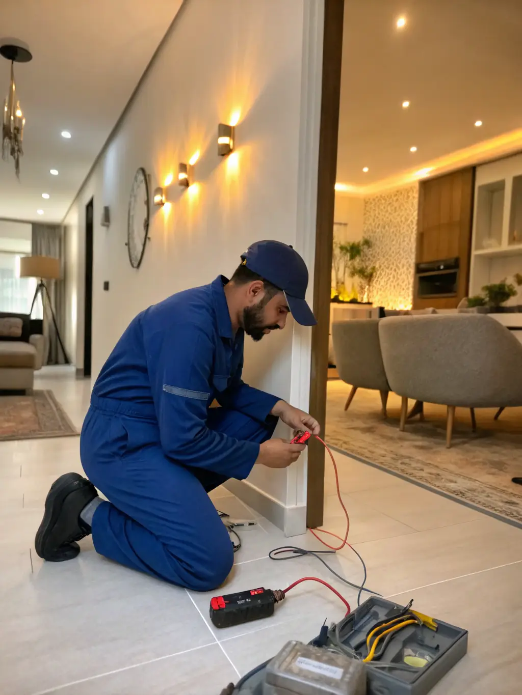 A professional electrician installing new wiring in a modern home, ensuring safety and compliance with electrical codes.