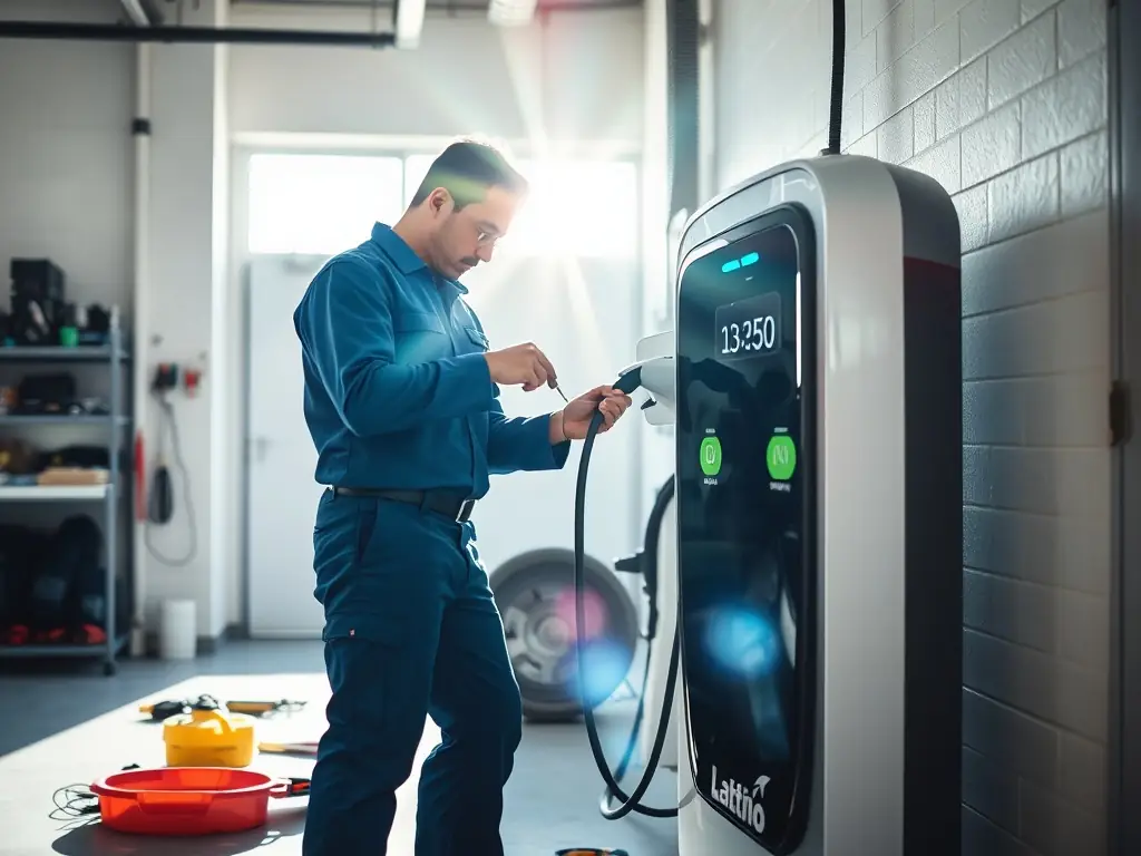 An image illustrating the step-by-step installation process of an EV charger, showing a certified technician carefully connecting the wiring and mounting the charger on a wall, highlighting the professionalism and expertise involved.