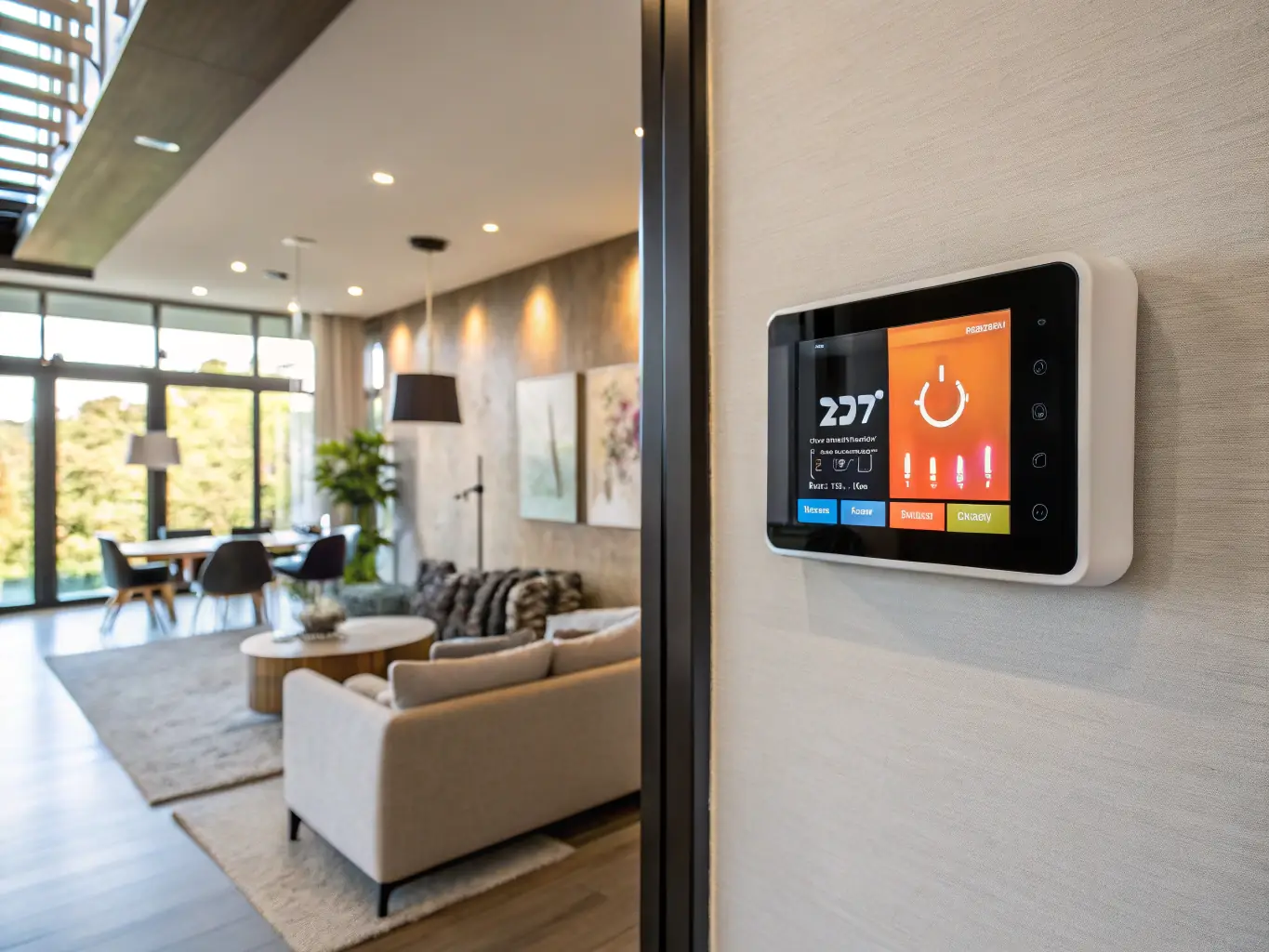 A modern home interior with recessed lighting and a smart thermostat, showcasing residential electrical services.