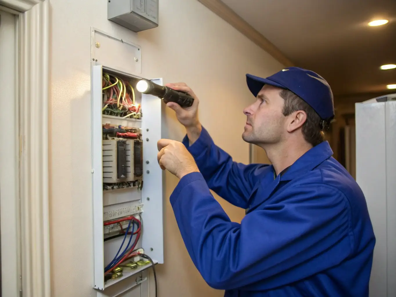 An electrician using diagnostic tools to troubleshoot an electrical issue in a fuse box, emphasizing our diagnostic and repair expertise.