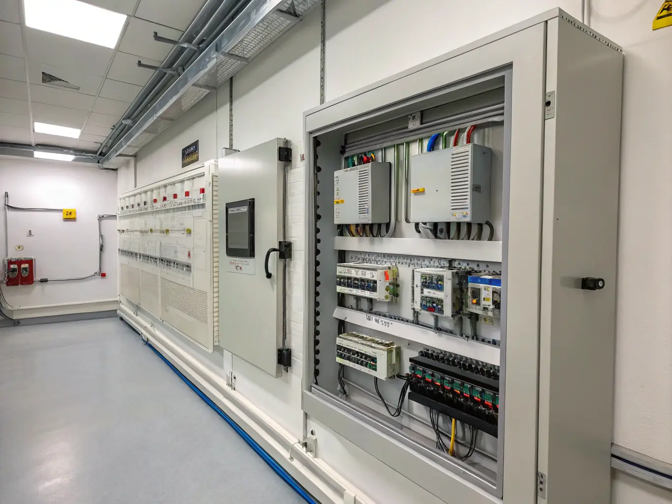 A commercial building's electrical panel room, highlighting complex wiring and power distribution systems for commercial clients.