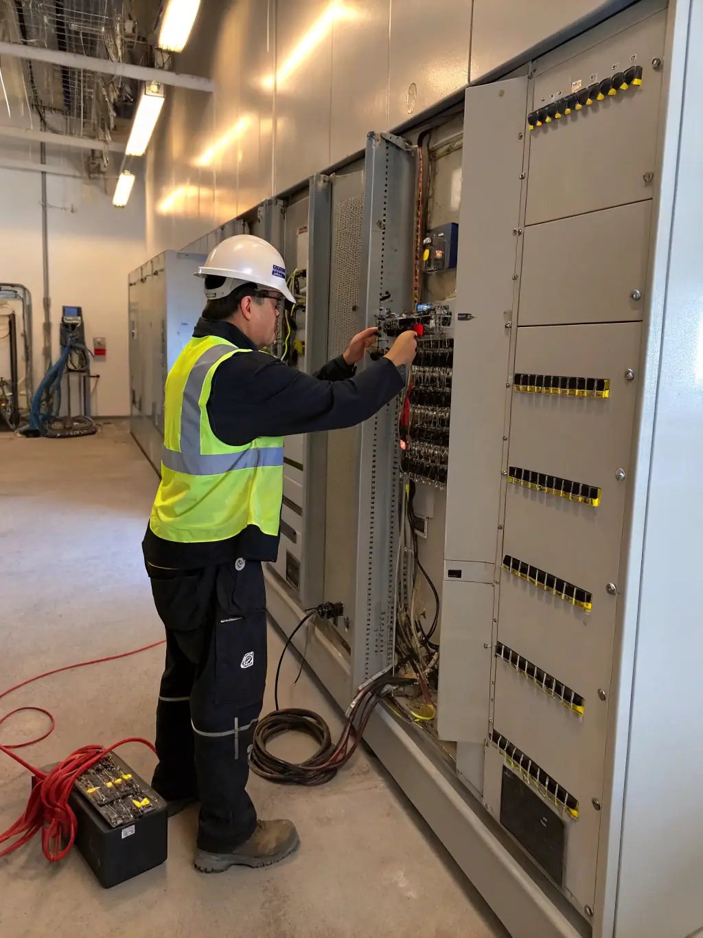 An electrician performing routine maintenance on an industrial electrical system, checking connections and ensuring optimal performance.