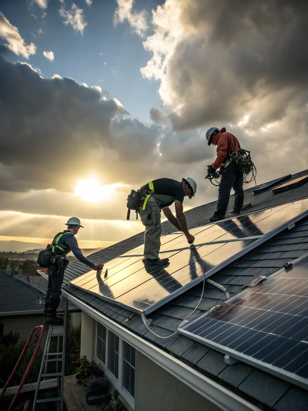 A solar panel installation team working efficiently on a residential rooftop, highlighting the ease and speed of modern solar installations.
