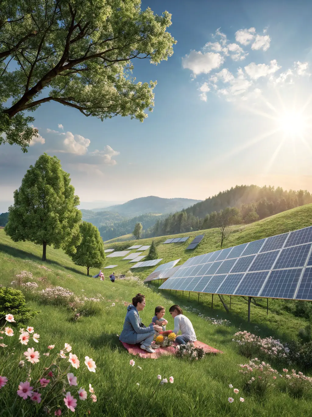 A lush green field with wind turbines and solar panels in the background, symbolizing a commitment to environmental sustainability and clean energy.