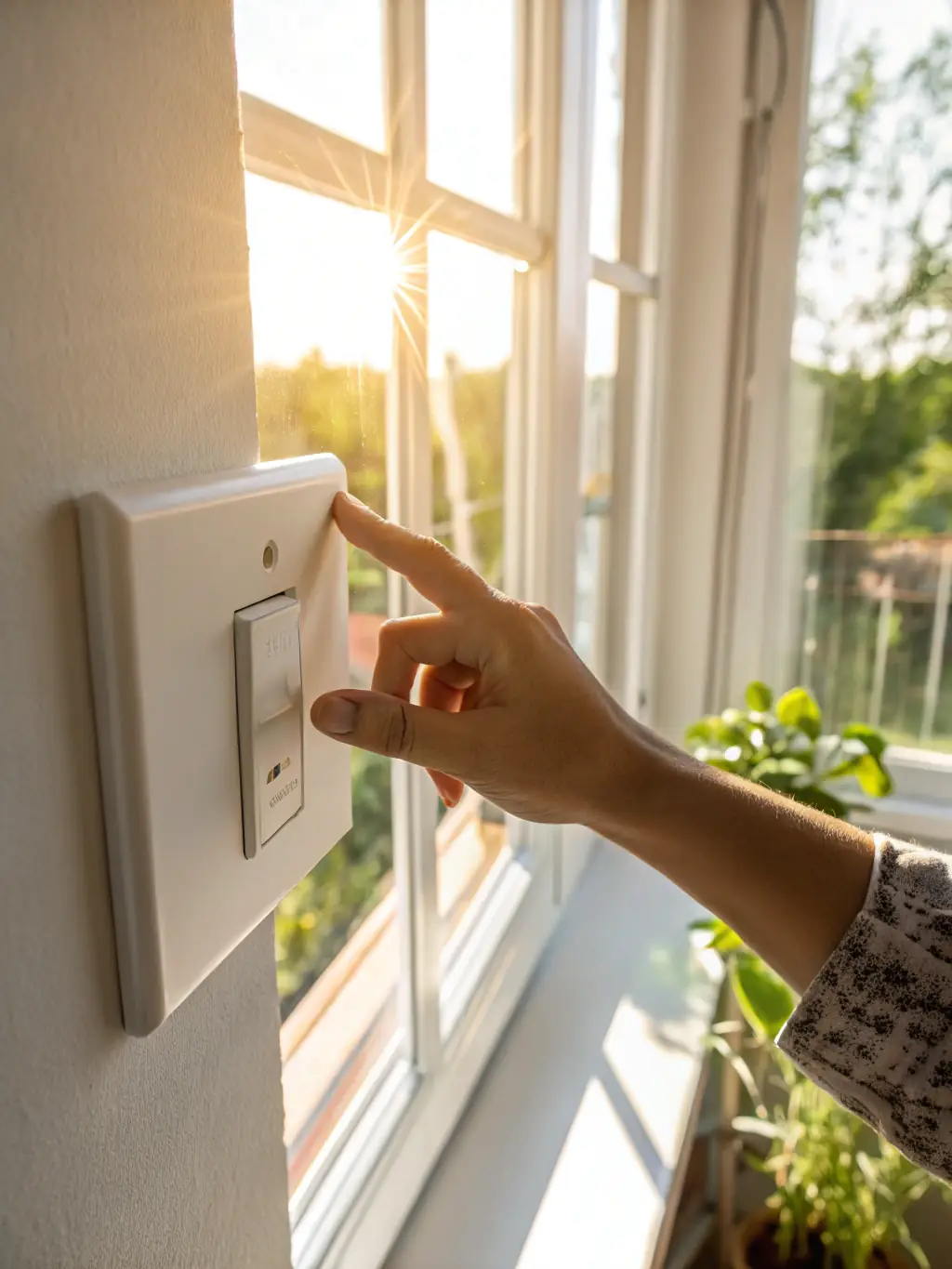 A close-up of a hand flipping a switch from 'grid' to 'solar', illustrating energy independence and control over power sources.