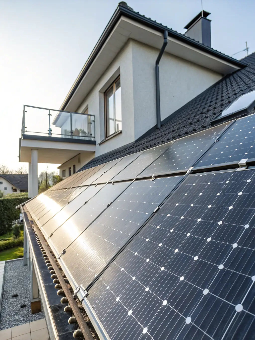 A modern home with solar panels on the roof, showcasing reduced electricity bills displayed on a tablet in the foreground, emphasizing cost savings.