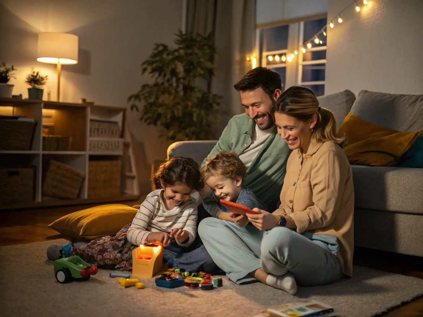 A picture showcasing a happy family in their well-lit living room, emphasizing the comfort and safety provided by reliable electrical services.