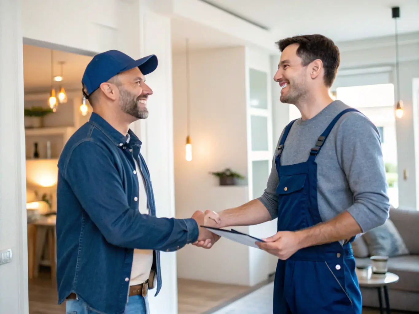 An image of a satisfied homeowner shaking hands with an electrician, symbolizing trust and excellent customer service.