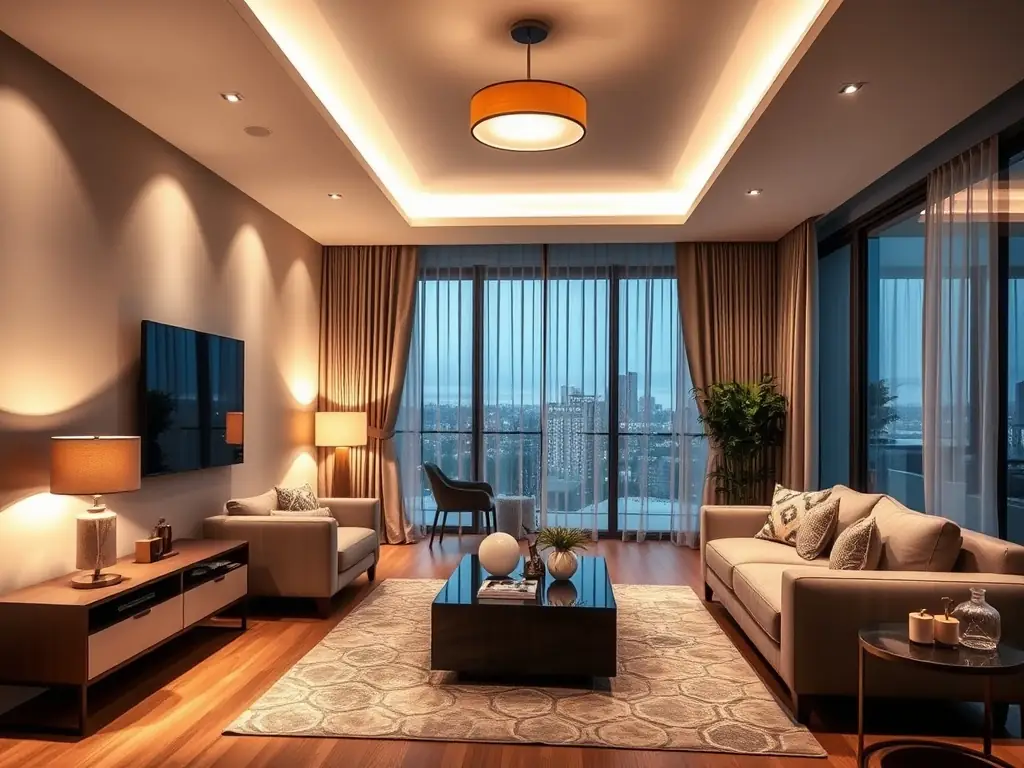 A well-lit living room featuring stylish, energy-efficient LED lighting fixtures. The lighting should create a warm and inviting atmosphere, highlighting the room's architectural features.