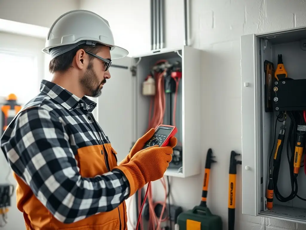 A skilled electrician carefully troubleshooting an electrical issue in a home, using professional tools and safety equipment. The focus should be on the electrician's expertise and attention to detail.