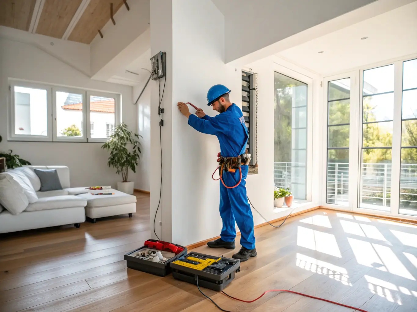 An older home undergoing rewiring, with exposed wires being replaced by a certified electrician, highlighting the importance of upgrading existing properties for safety.