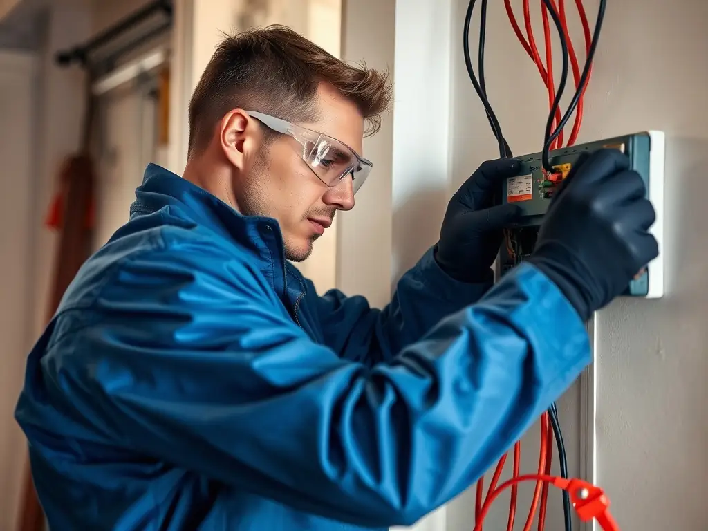 A photograph of a certified electrician carefully inspecting electrical wiring in a modern home, with a focus on safety and precision.