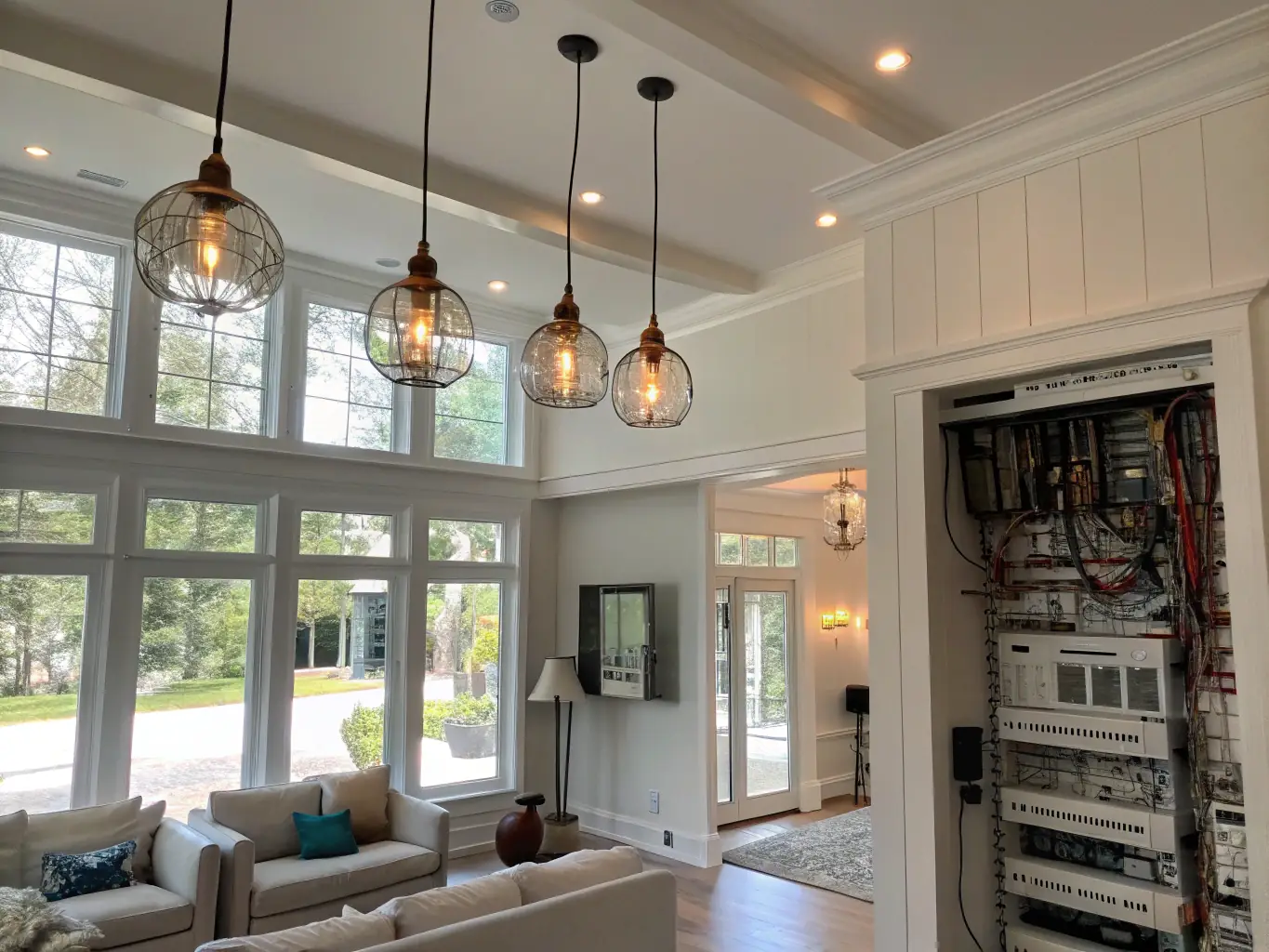 A modern home interior with newly installed recessed lighting, showcasing clean wiring and a bright, welcoming atmosphere, emphasizing the quality of electrical system installations.