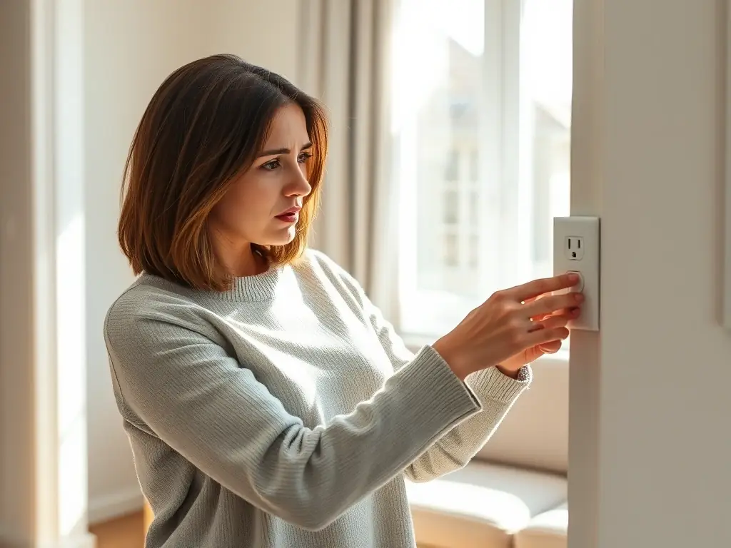 A concerned homeowner looking at a potentially faulty electrical outlet in their living room, highlighting the importance of regular EICR inspections.