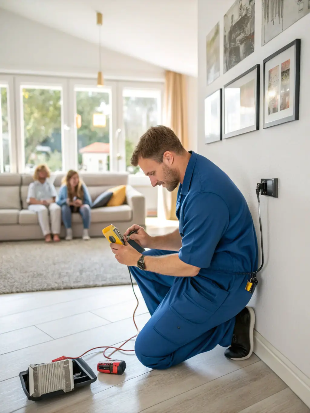 A certified electrician in Lisburn using a specialized testing device to perform an EICR inspection in a residential property, ensuring electrical safety.