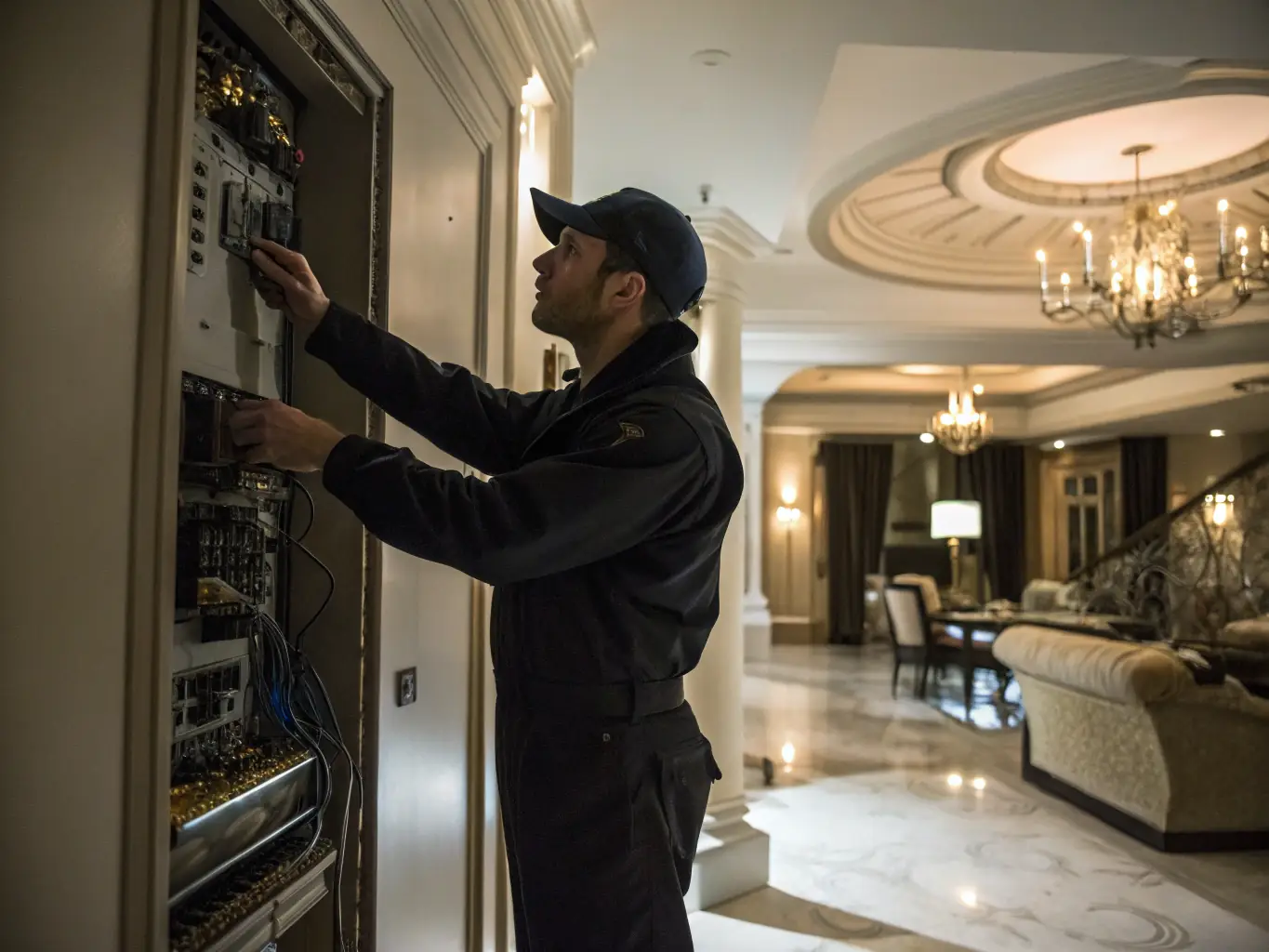 An electrician inspecting a fuse box with a checklist, highlighting the importance of regulatory compliance and professional installation.