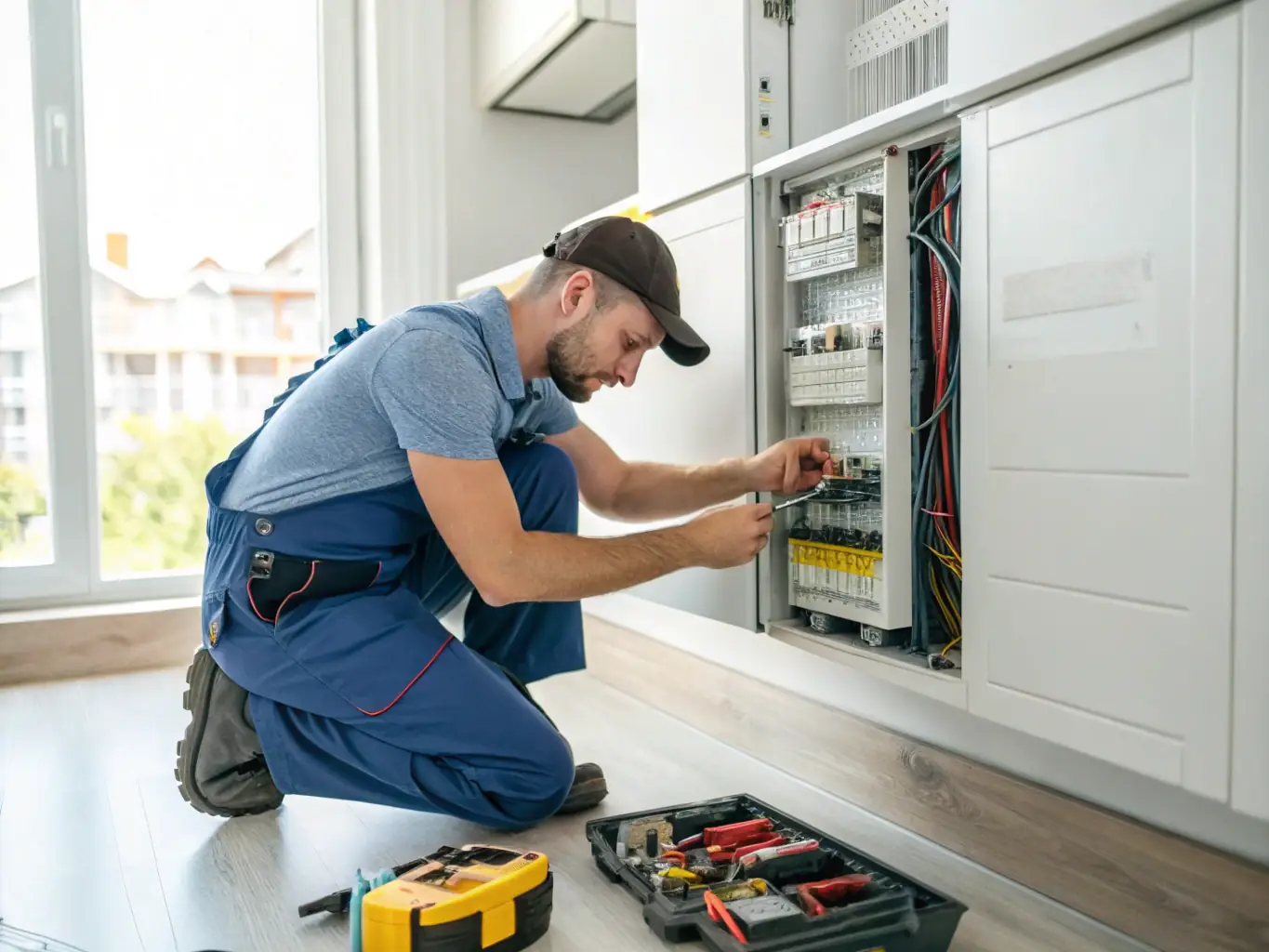 A professional electrician inspecting an electrical panel with a checklist in hand, emphasizing the compliance aspect of EICR services.
